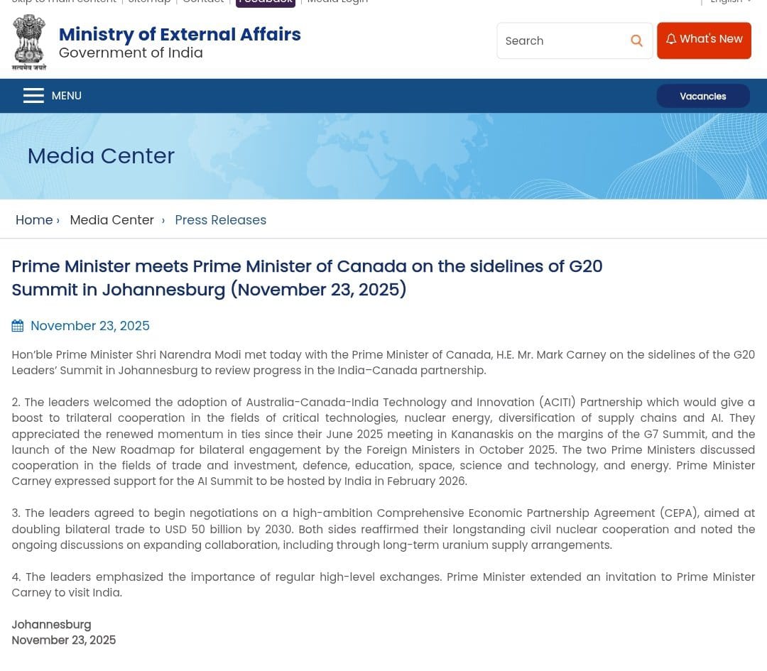 India, Canada Agree to Launch CEPA Negotiations; Expand Civil Nuclear Cooperation